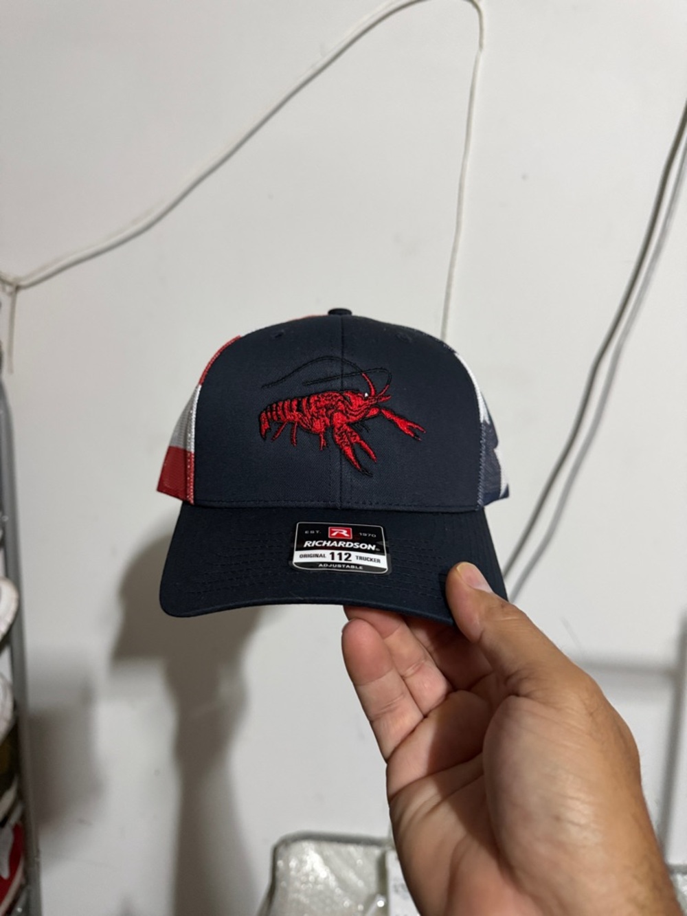 Richardson Trucker Hat with Red crawfish Embroidery - Navy